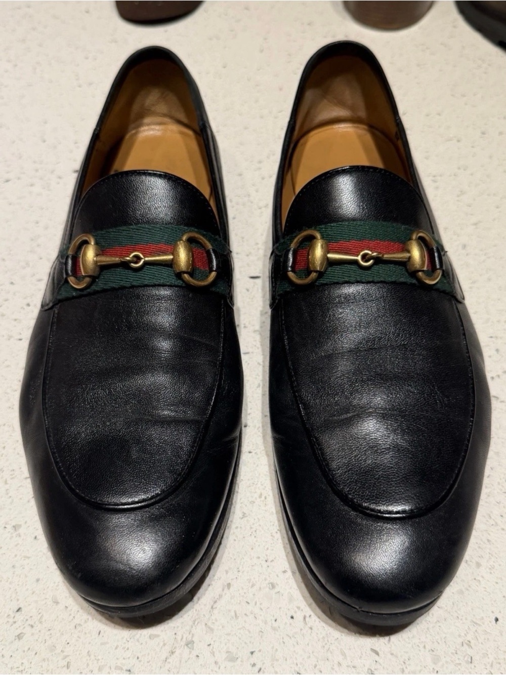 Gucci Black Leather Men’s Loafers with Green-Red Web and Gold Bit
